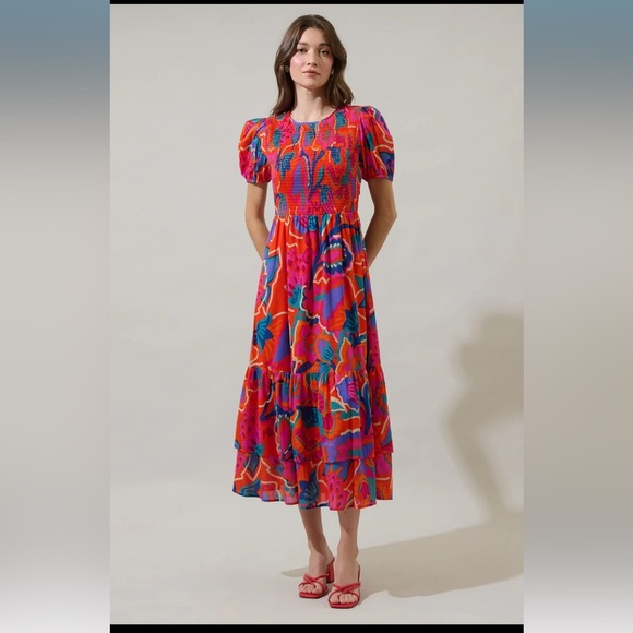 SugarLips Kahlia Tropics Aruba Smocked Midi Dress Orange Red Multi - Picture 2 of 7